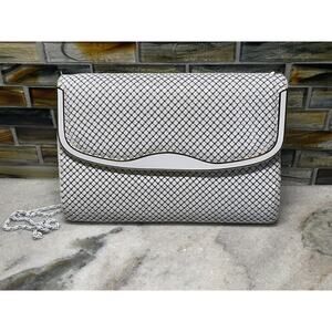 Vintage TF Tiger Metallic Purse Clutch White & Gold Art Deco Shoulder Chain